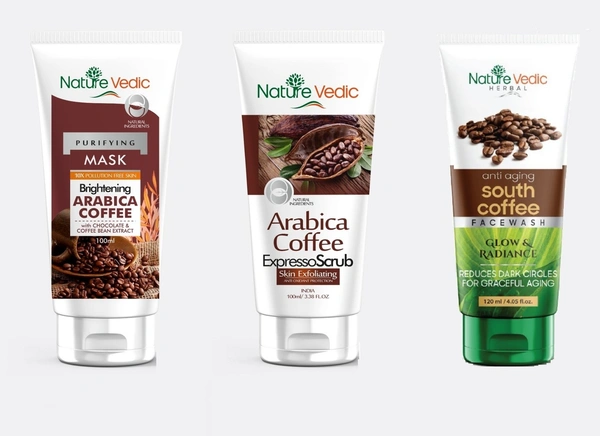Nature Vedic Arabica Coffee Mask (100 g) + Arabica Coffee Scrub (100g) + South Coffee Face wash (120 ml) for Brightening, Exfoliating & Glow | Face Care Combo