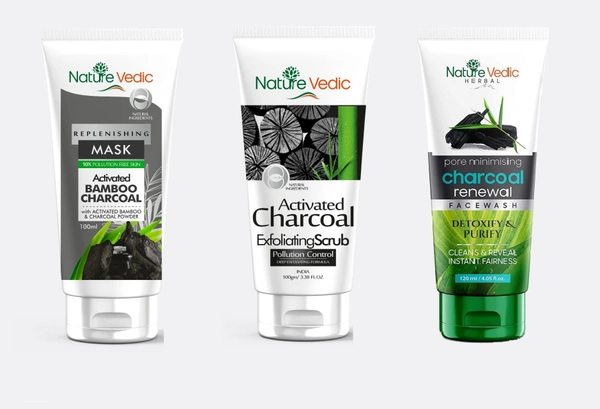Nature Vedic Activated Bamboo Charcoal Face Mask (100 g) + Activated Charcoal Scrub (100g) + Pore Minimising Charcoal Face wash (120ml) for Purifying, Exfoliating & Instant Fairness | Face Care Combo