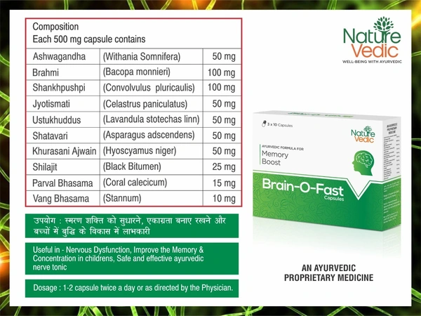 Nature Vedic Brain o Fast Capsules Ayurvedic Formula for Improves Memory & Alertness - 30 Capsule - 30 capsules