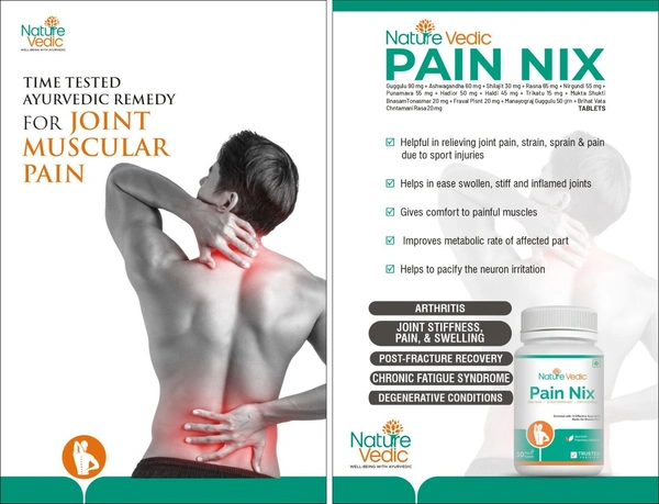 Nature Vedic Pain Nix Effective for Muscle Pain & Osteoporosis related problems. All type of VATA Diseases. Its enriched with 13 effective Ayurvedic Herbs.  100 % Safe  Ayush Approved GMP Certified