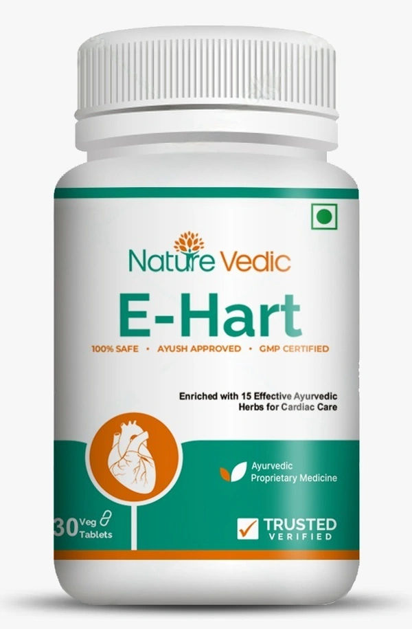 "Nature Vedic E-Hart Effective for Cardiac Care, High Cholesterol, Heart Health & High BP related problems. Its enriched with 15 effective Ayurvedic Herbs.  100 % Safe  Ayush Approved GMP Certified"