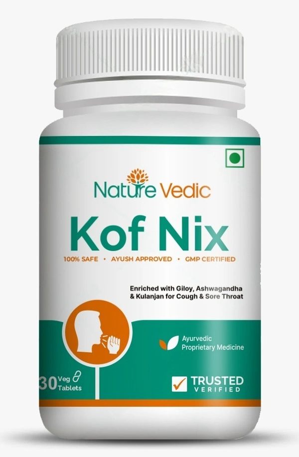 "Nature Vedic Kof Nix Effective for Cough, Sore Throat, Allergic Rhinitis & Sinusitis related problems. Its enriched with 3 effective Ayurvedic Herbs.  100 % Safe  Ayush Approved GMP Certified"