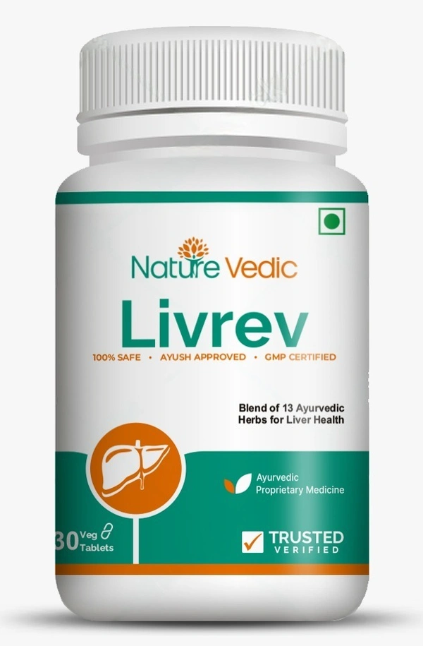 "Nature Vedic Livrev Effective for Liver Health, Peptic Ulcer & Activation of Enzymes. Its enriched with 13 effective Ayurvedic Herbs.  100 % Safe  Ayush Approved GMP Certified"