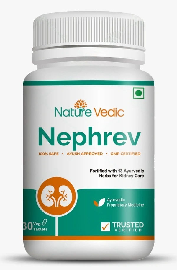 "Nature Vedic Nephrev Effective for Kidney Care, Renal Stones & UTI related problems. Its enriched with 13 effective Ayurvedic Herbs.  100 % Safe  Ayush Approved GMP Certified"