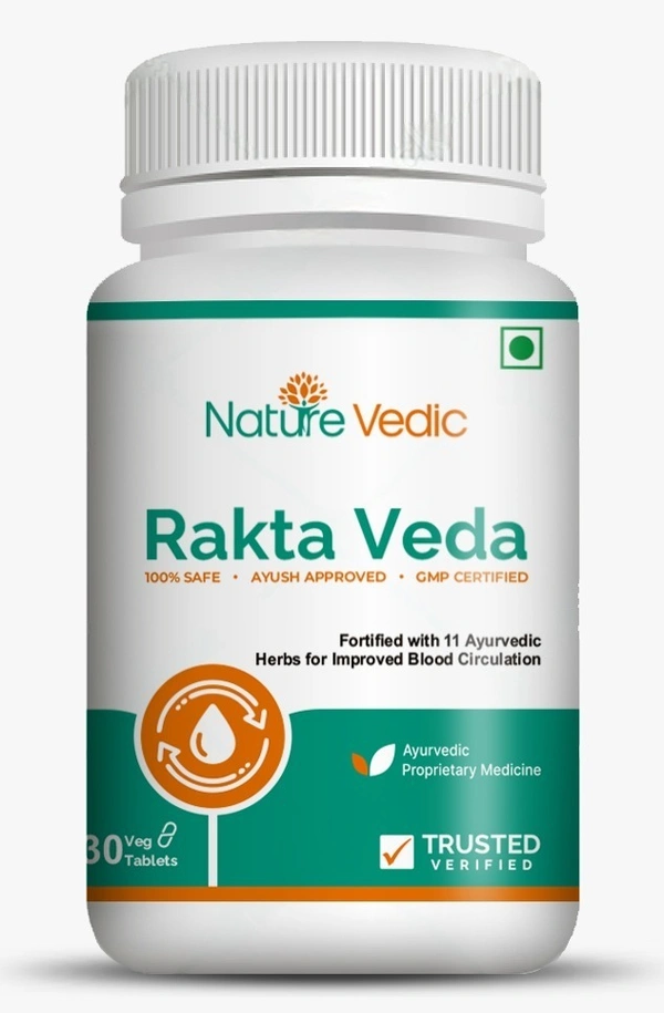"Nature Vedic Rakta Veda Effective for Blood Circulation, High BP, Cardiac problem & Relieves Headaches. Its enriched with 11 effective Ayurvedic Herbs.  100 % Safe  Ayush Approved GMP Certified"