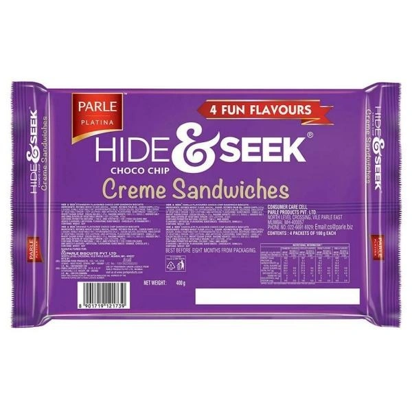 Parle Hide & Seek 4 Fun Flavours Choco Chip Creme Sandwich Biscuits 400 g