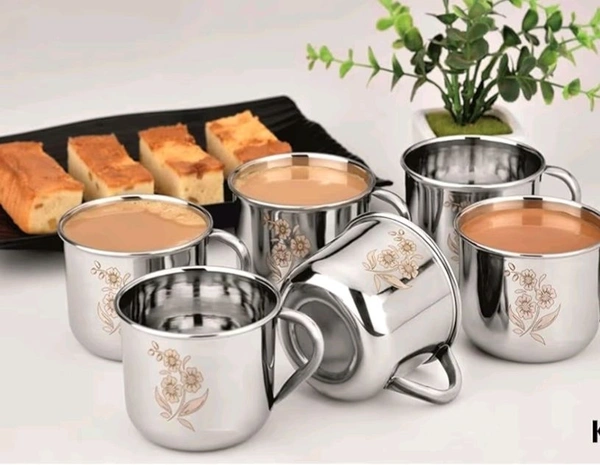 Velino Steel Steel Tea/Coffee Cup Set, 150 ML, Pack of 6, Laser Finished, Sober Shape