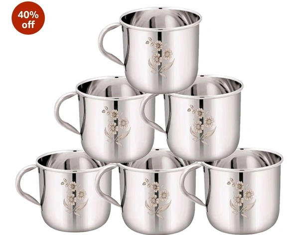 Velino Steel Steel Tea/Coffee Cup Set, 150 ML, Pack of 6, Laser Finished, Sober Shape