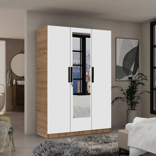 WARSI FURNITURE 3 Door WARDROBE WITH MIRROR - Bavarian Beach And Frosty White , 75×48×19 Inch