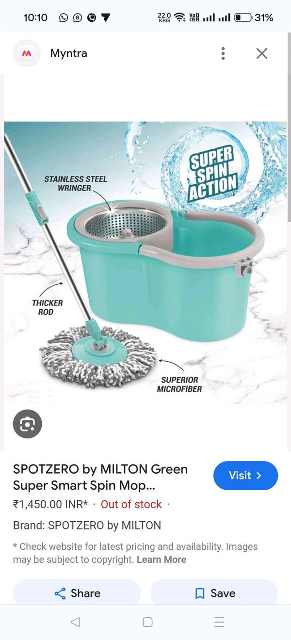 Milton  SPOTZERO SMART SPIN BUCKET MOP ( STEEL )  - 6 Months Warranty, Pelorous