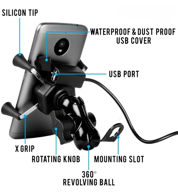 Generic  Universal X-Grip/ SpiderGrip Mobile Phone Holder for Bikes (With Charging) 
