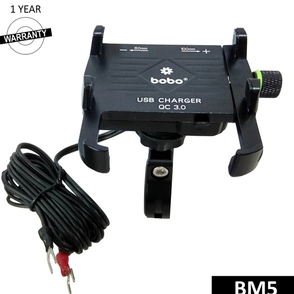 Bobo Gears BOBO BM5 Claw-Grip Aluminium Bike Phone Holder (With Fast USB 3.0 Charger) Motorcycle Mobile Mount (Black) 