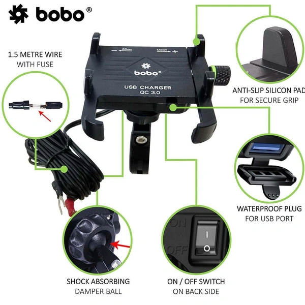 Bobo Gears BOBO BM5 Claw-Grip Aluminium Bike Phone Holder (With Fast USB 3.0 Charger) Motorcycle Mobile Mount (Black) 