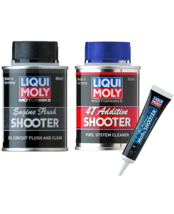 Liqui Moly Combo of 4T Shooter (80 ml), Flush Shooter (80 ml) and Mos2 Additive Shooter (20 ml) for Motorbikes