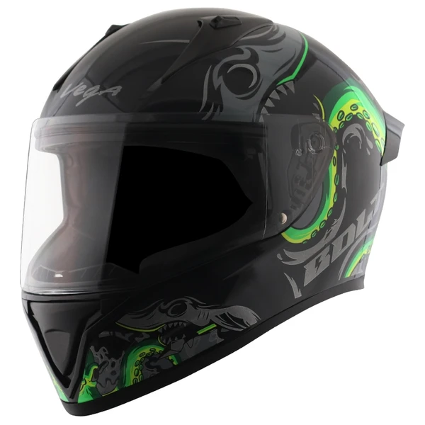 Vega Bolt Octopus Black Neon Green Glossy Helmet - L