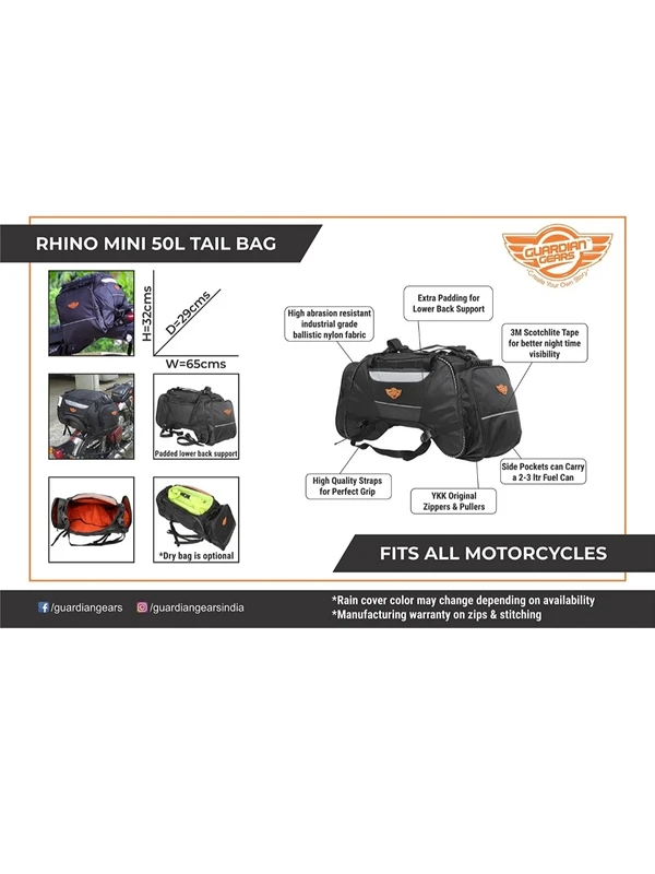 Guardian Gears Rhino Mini 50L Tail Bag with Rain Cover fits on ALL Motorcycles from 100CC to 1000CC - Plastic, Polyester and Nylon