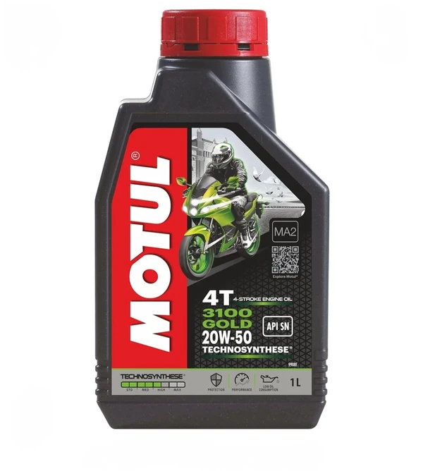 Motul 3100 4T Gold 20W50 API SM Technosynthese High Performance Semi Synthetic Engine Oil for Bikes (1 L)