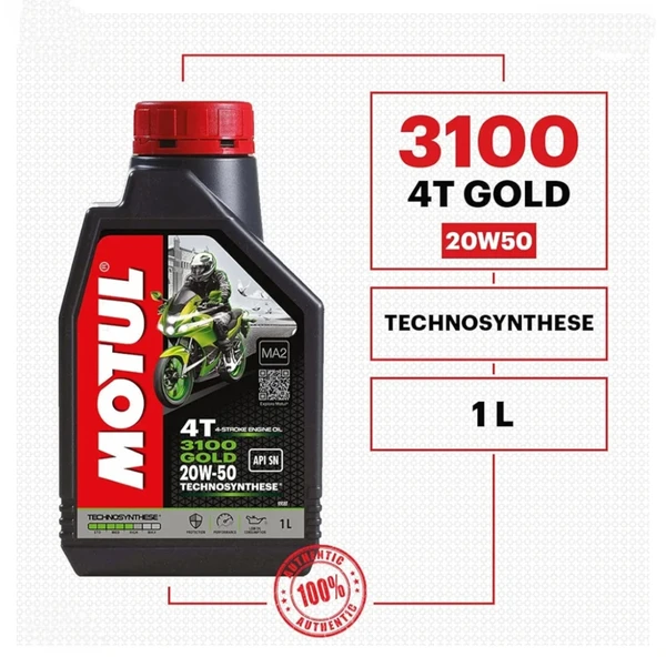 Motul 3100 4T Gold 20W50 API SM Technosynthese High Performance Semi Synthetic Engine Oil for Bikes (1 L)