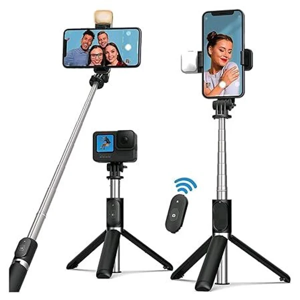 Generic Bluetooth Selfie Sticks Tripod with Light Compatible for iPhone & Android