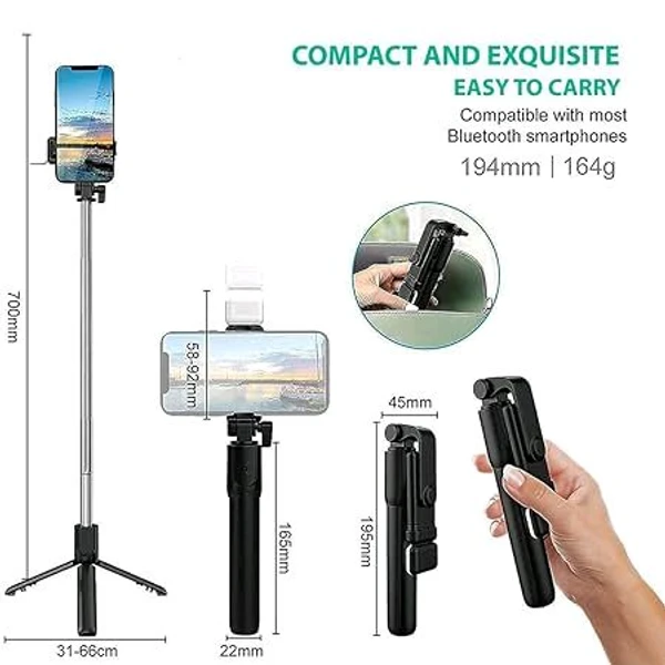 Generic Bluetooth Selfie Sticks Tripod with Light Compatible for iPhone & Android