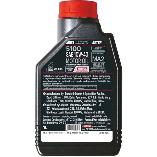 Motul 5100 4T Technosynthese 10W-40 API SL/SJ/SH/SG Semi Synthetic Engine Oil for Bikes (1L)