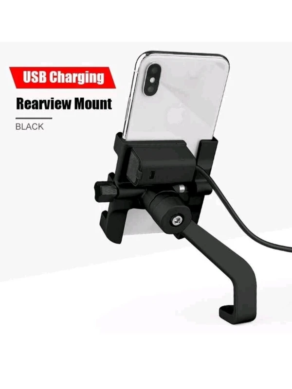 Generic Universal Motorcycle With USB charging Mirror Fitting Mobile Holder Metal | 2A Bike Mobile Charger 