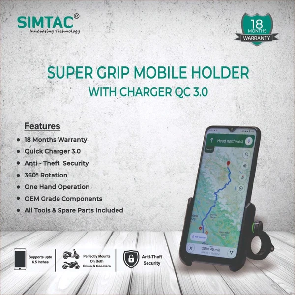 Simtac SIMTAC Super Grip Mobile Holder with charger ( QC 3.0) Bikes/ Scooters| MHC3 - Black