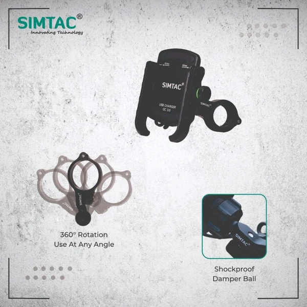 Simtac SIMTAC Super Grip Mobile Holder with charger ( QC 3.0) Bikes/ Scooters| MHC3 - Black