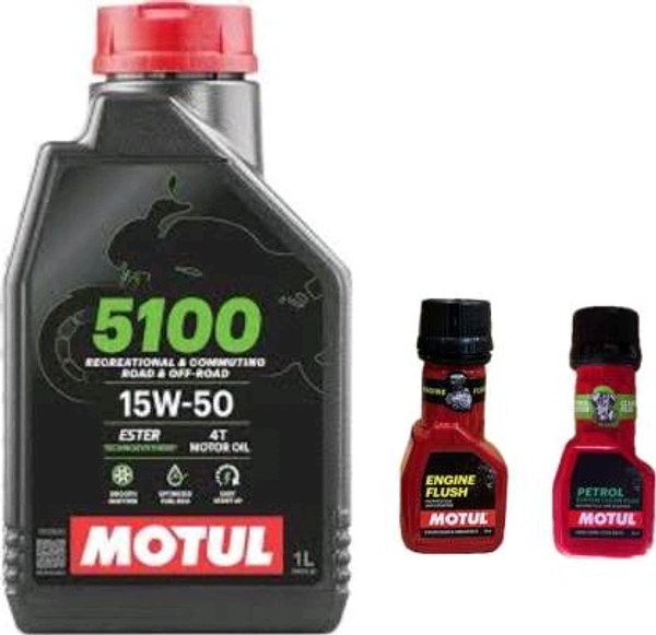 Motul 5100 4T 15W-50 (1.1litre) + Engine Flush(50ml)+petrol System Clean(50ml) combo Technosynthese (semi Synthetic) (1.1 L) 