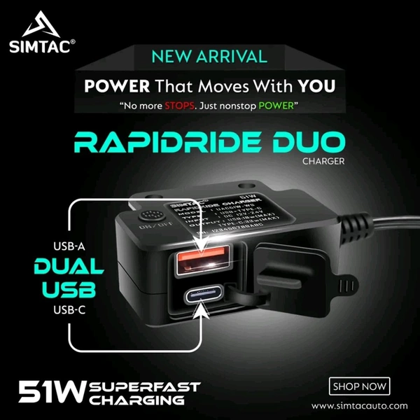 Simtac SIMTAC RapidRide Duo 51W Charger – Dual USB & Type-C Ports with Universal Fitment
