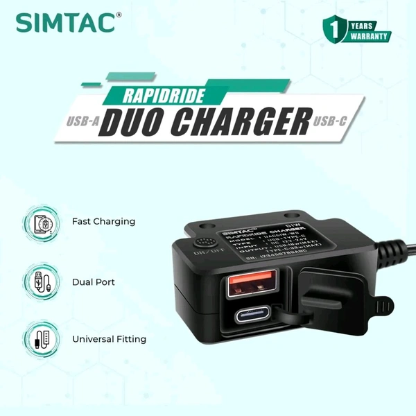 Simtac SIMTAC RapidRide Duo 51W Charger – Dual USB & Type-C Ports with Universal Fitment