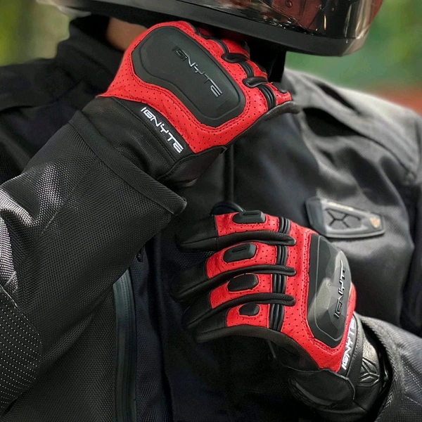 Ignyte Gloves-103-JS Gauntlet Full Leather (Black Red)  - L