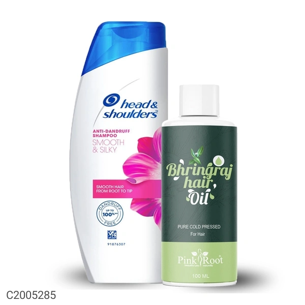 Pink Root Bhringraj Hair Growth Oil 100ml With Head & Shoulders Anti Dandruff Shampoo Smooth & Silky 180ml