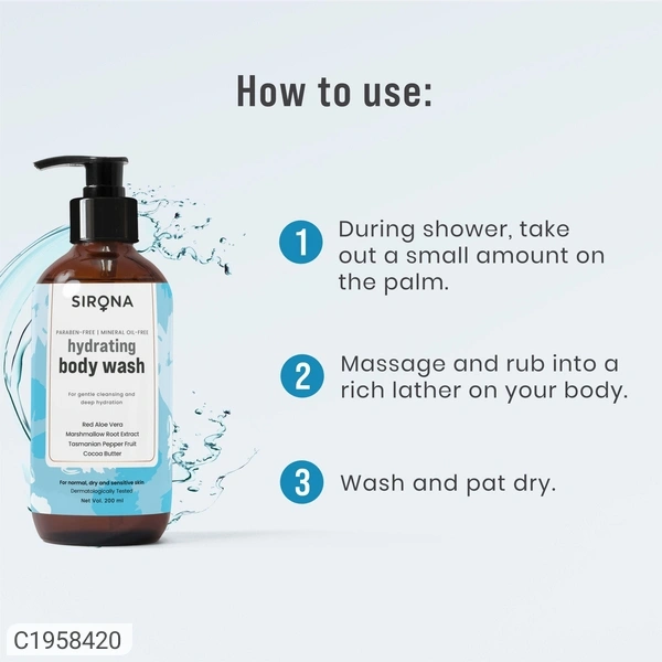 Sirona Hydrating Body Wash for Gentle Cleansing & Deep Hydration for Men & Women - 200 ml (2 Pack) for Normal, Dry & Sensitive Skin