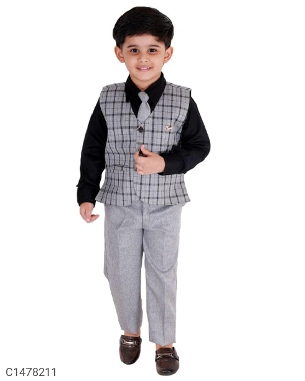 Kids Checks Shirt Waistcoat Pant Set - 3-4 Years