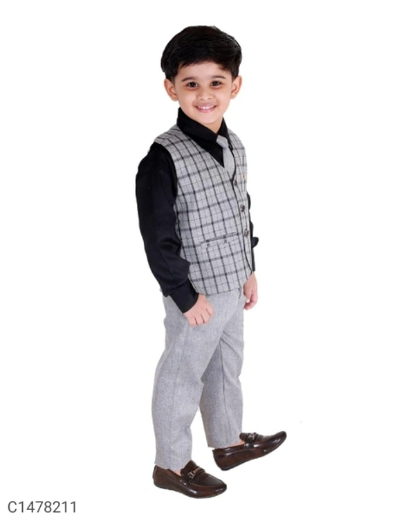 Kids Checks Shirt Waistcoat Pant Set - 3-4 Years
