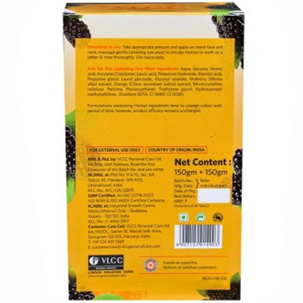 VLCC Vlcc Anti Tan Skin Lightening Sun Defense Mulberry Extract Face Wash (Buy 1 Get 1 Free) 2 x 150 g