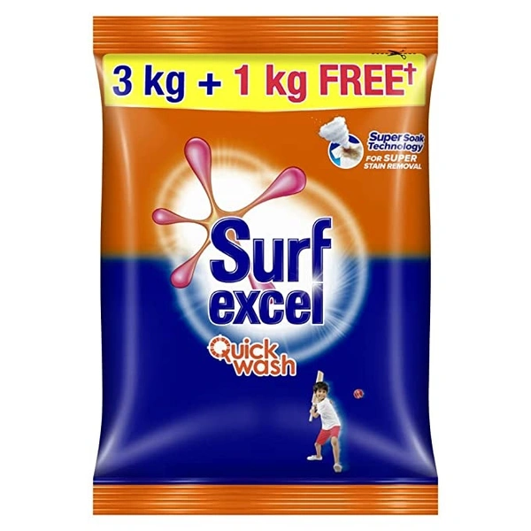 Surf Excel Quick Wash Detergent Powder 3 kg + 1 kg Free - 4 Kg (Buy 3 Kg Get 1 Kg Free)