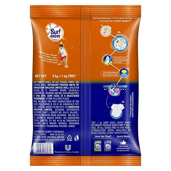 Surf Excel Quick Wash Detergent Powder 3 kg + 1 kg Free - 4 Kg (Buy 3 Kg Get 1 Kg Free)