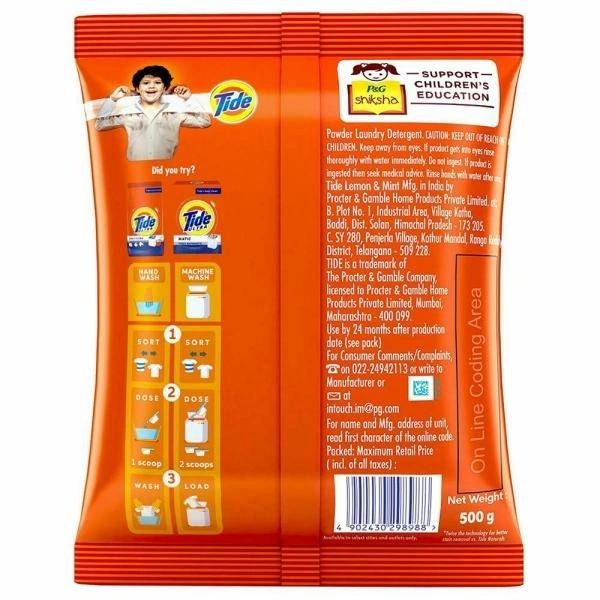 Tide Plus Lemon & Mint Detergent Powder : 500 gms - 500 GMS