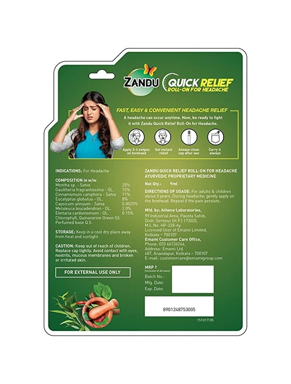 Zandu Quick Relief Roll-On for Headache : 9 ml - 9 ML
