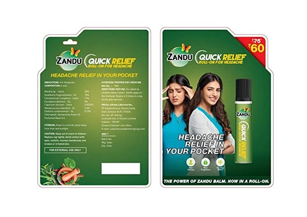 Zandu Quick Relief Roll-On for Headache : 9 ml - 9 ML
