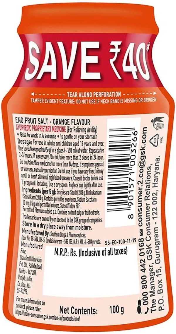 Eno Fruit Salt Orange : 100 gms - 100 GRAMS, 1 UNIT, ORANGE