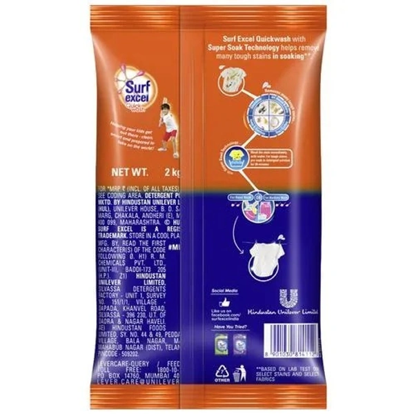 Surf Excel Quick Wash Detergent Powder, 65 g Pouch - 2 KGS
