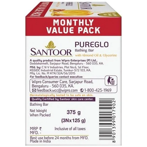 Santoor PureGlo Almond Oil & Glycerine Bathing Bar 125 g (Pack of 3) - 3*125 Gms, PureGlo Almond Oil & Glycerine