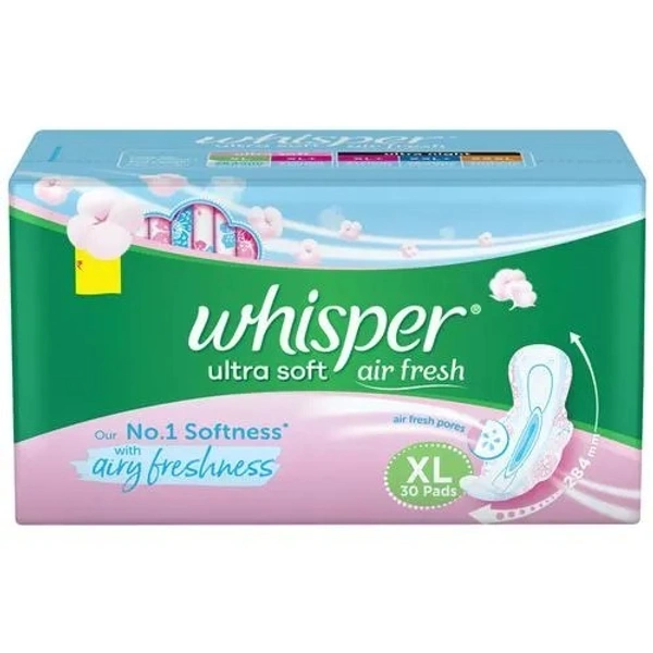 Whisper Ultra Soft Air Fresh Sanitary Pads - With Wider & Longer Back, XL, 30 pcs - XL, 30 PCS