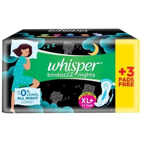 Whisper Bindazzz Nights Sanitary Pads - XL, Longer & Wider Back, Stops Leakage, 27 pcs - XL+, 27 pcs