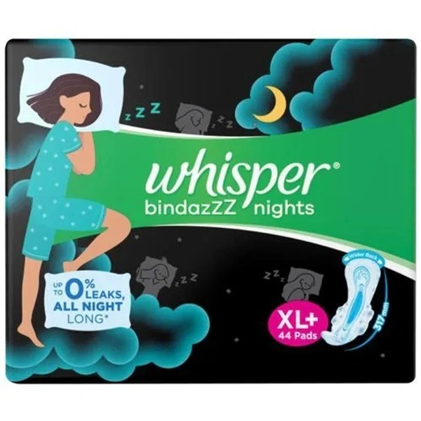 Whisper Bindazzz Nights Sanitary Pads - Wider Back, Up To 0% Leak, Provides All Night Protection, XL+, 44 pcs - XL+, 44 pcs