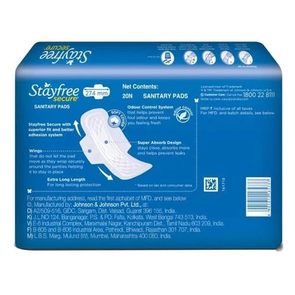 STAYFREE Secure XL Cottony Soft - Sanitary Pads for Women, With Wings, 20 pcs - XL, 20 pcs