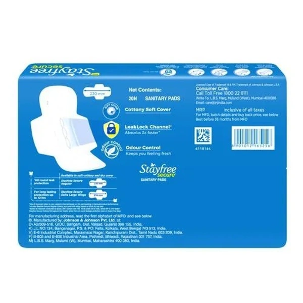 STAYFREE Secure Cottony Soft - Sanitary Pads for Women With Wings, 20 pcs - Regular, 20 PCS
